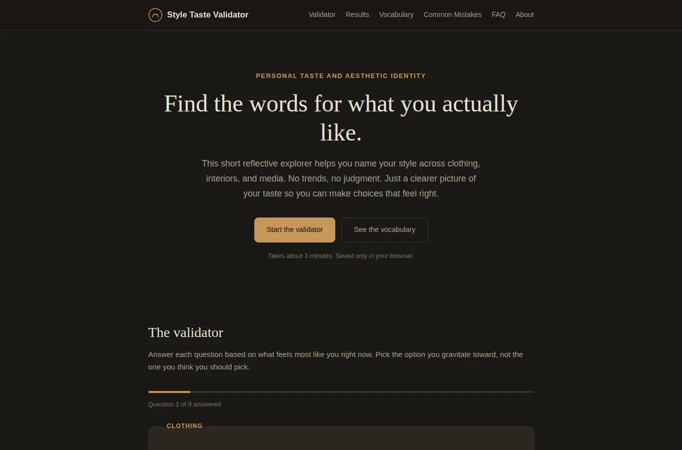 Screenshot of Identity Style Taste Validator interface showing the project page in use